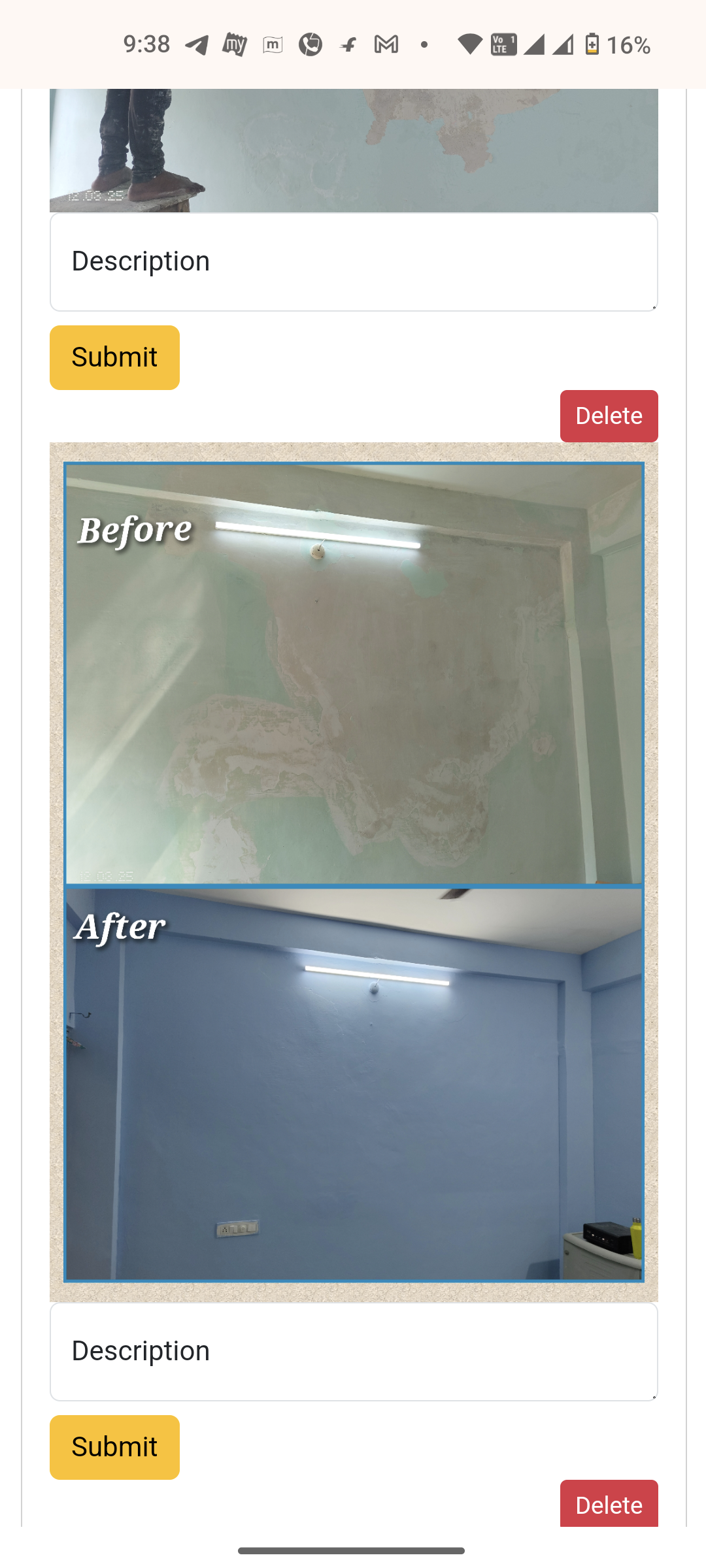 Repainted interior walls damaged by moisture